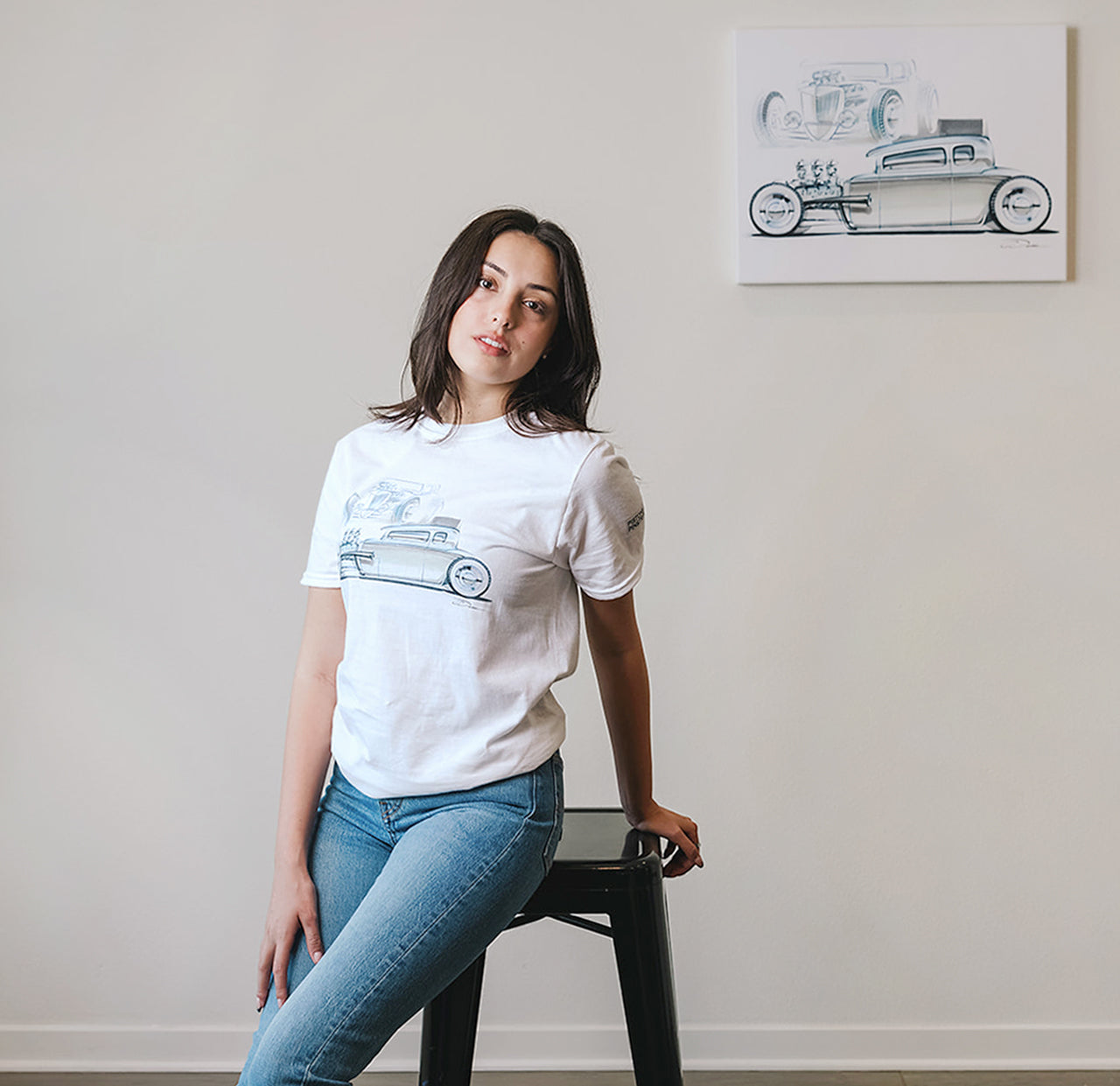 Traditionally Non Traditional Hot Rod White Tee Female Model
