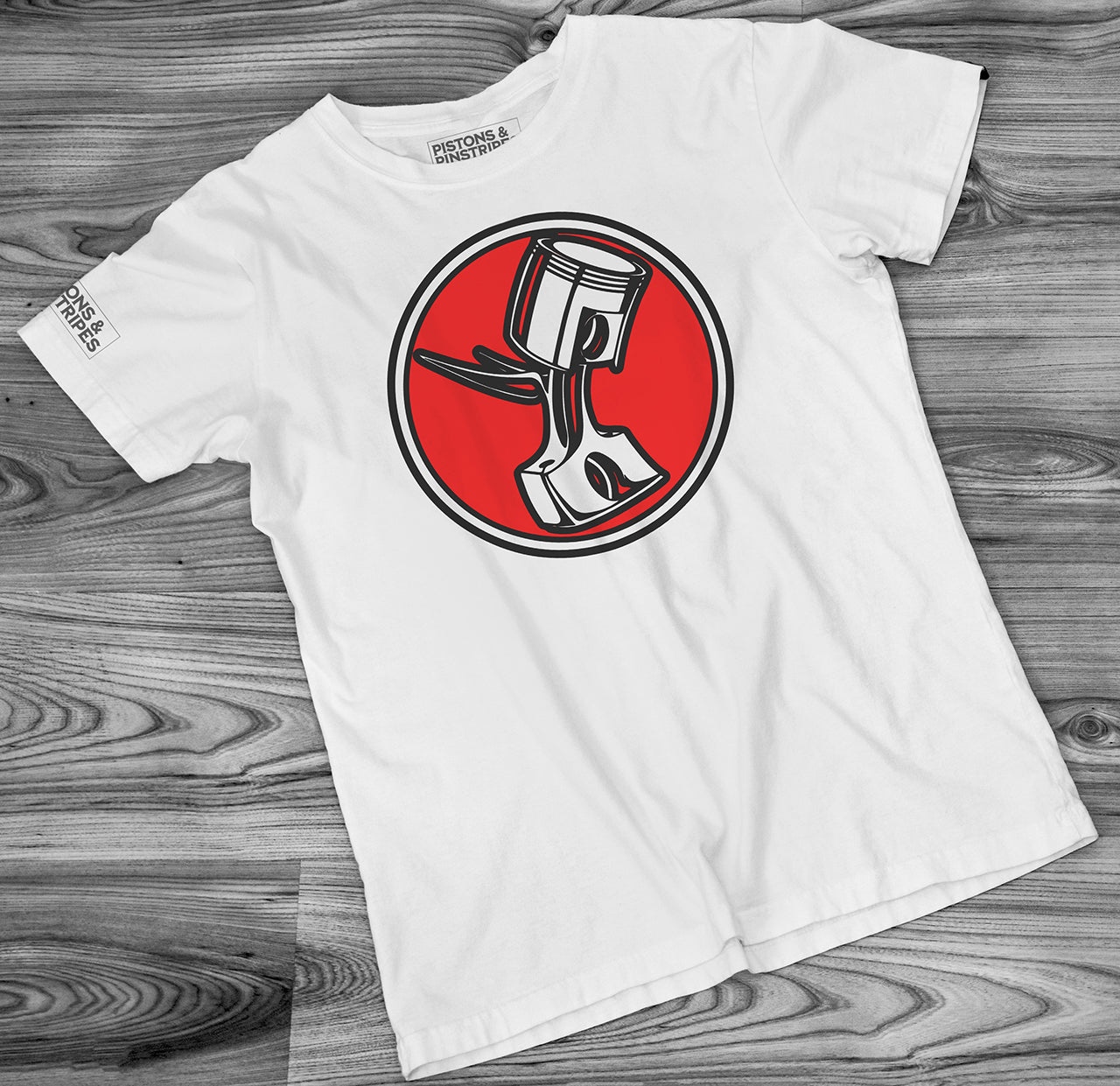 Pistons & Pinstripes Red Logo White Tee